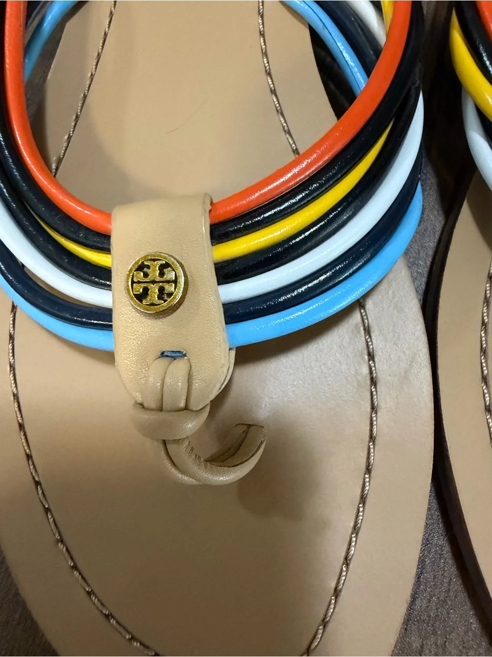 Tory Burch Tan Leather Sandals with Multicolor Braided Straps